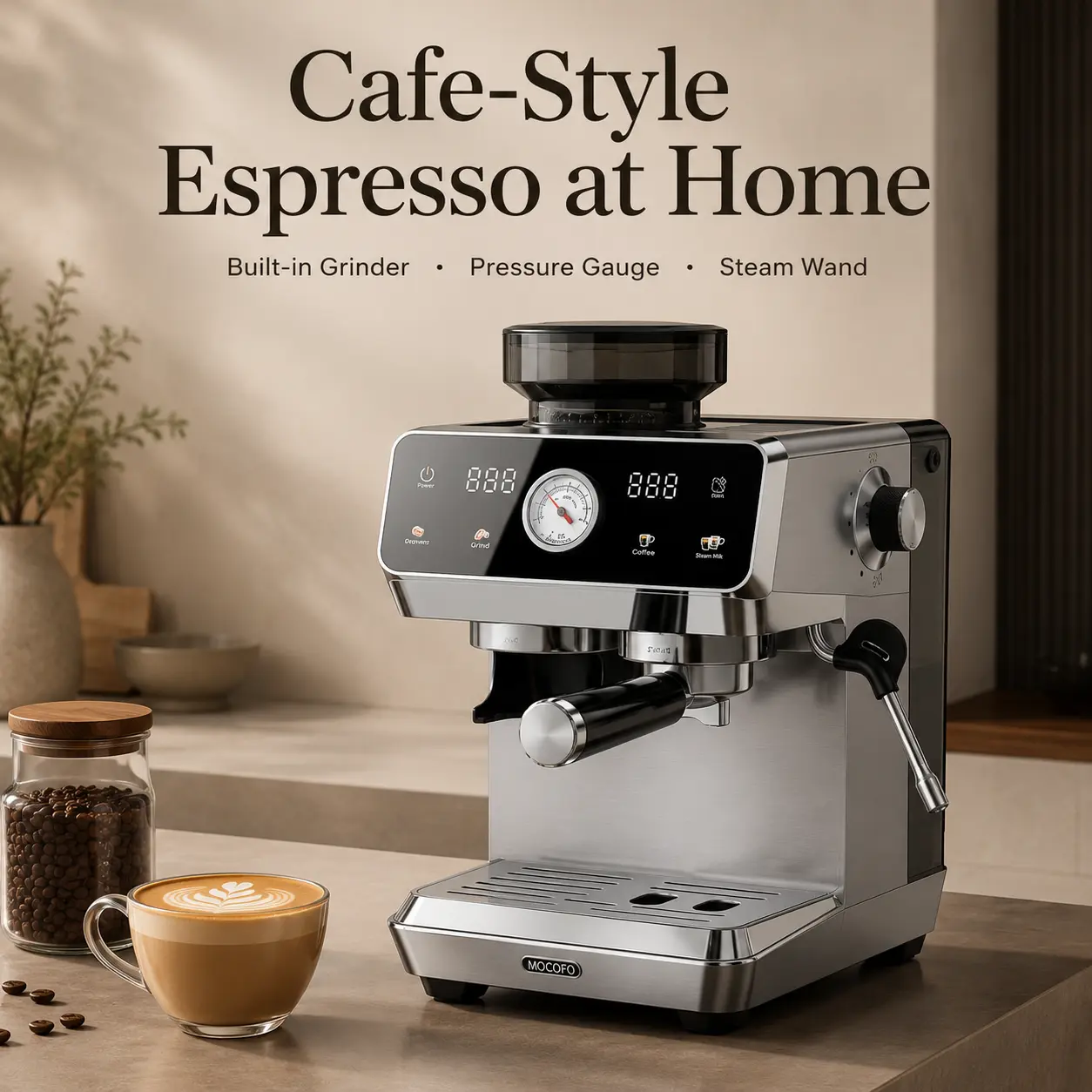 【Summerfinds】Smart Semi Automatic   with Built-in Grinder, 20 Bar Compact   with Touch  & Visual Pressure Gauge, Stainless Steel pop plus coffeecombo milk frother wand puck Coffee Maker Reusable Filter