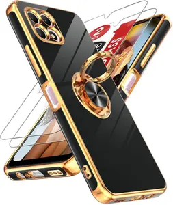 Revvl 7 5G Case with 2 Pack Tempered Glass Screen Protector & 360° Rotatable Ring Holder Magnetic Kickstand Rose Gold Plated Black TPU Cover