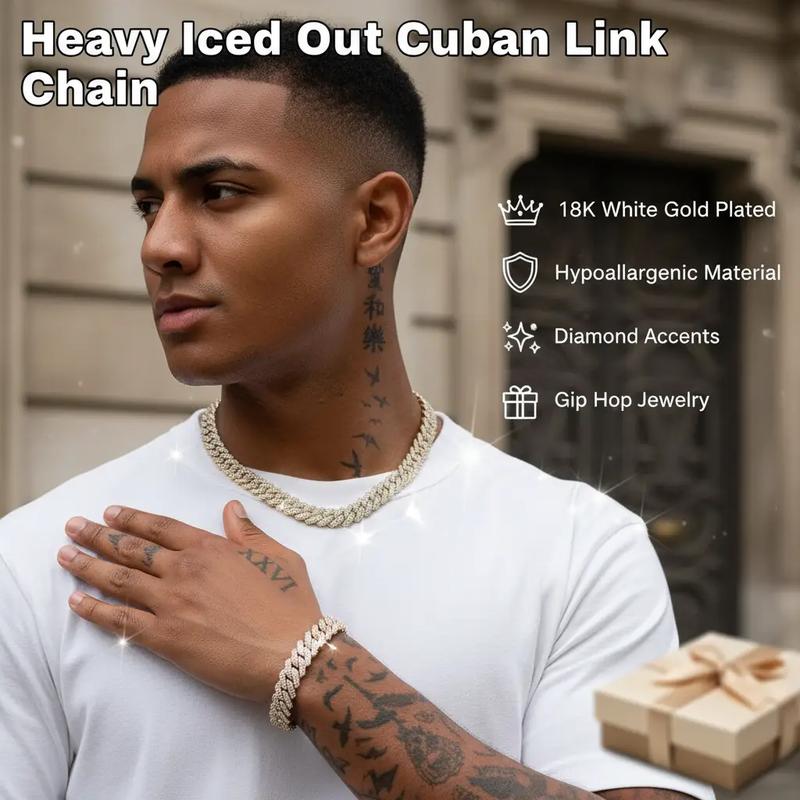 8mm Heavy Iced Out Cuban Link Chain 18K White Gold Plated Diamond Thick Choker Necklace for Men Women Hypoallergenic Bling Hip Hop Jewelry with Gift Box valentines gifts for gf chains men's valentine's gifts heavy chain