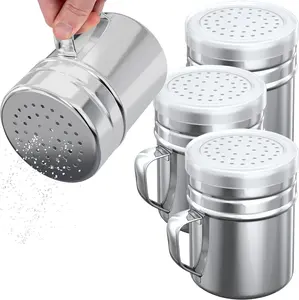 4PCS 10oz Stainless Steel Salt Pepper Dredge Shakers With Handle and Plastic Cap, Seasonings Spice Shakers