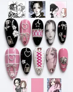 Nan2a Inspired Press On Nails | Anime Portrait Nail Art | Heart Rhinestone & Lock Charm False Nails for Beaches, Summer, Holiday, Vacation, Birthday