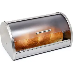 Bread Box for Kitchen Countertop Stainless Steel Bread Holder Bin Storage Container with Frosted  Roll Top Lid