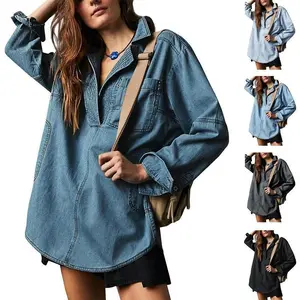 Womenswear Denim Pullover Casual Comfort Button V Neck Blouse Loose Fit Tops Longsleeves Jean Jacket With Pocket Coats Basic Can be used with raincoat