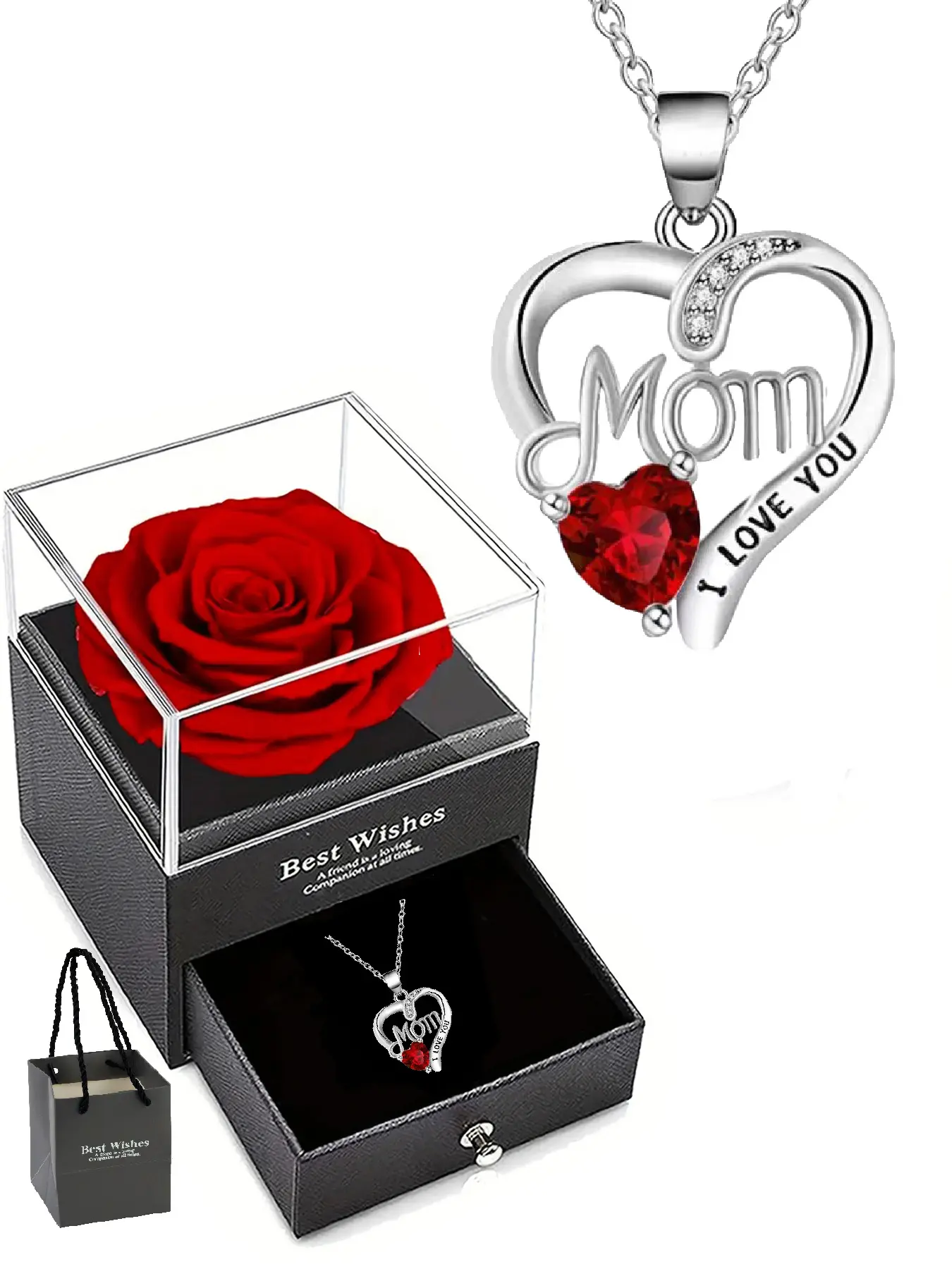 Heart-shaped zircon pendant necklace with eternal rose gift box, women's Mother's Day necklace, anniversary gift for women, birthday gift for wife, daily gift for women, women's jewelry necklace, Heart Design Necklace, Jewelry Gifts
