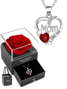Heart-shaped zircon pendant necklace with eternal rose gift box, women's Mother's Day necklace, anniversary gift for women, birthday gift for wife, daily gift for women, women's jewelry necklace