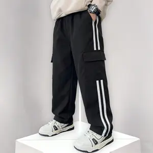 Teen Boys Casual Striped Straight Trousers with Side Multi-Pocket Durable Easy Care School Bottoms for Everyday Wear