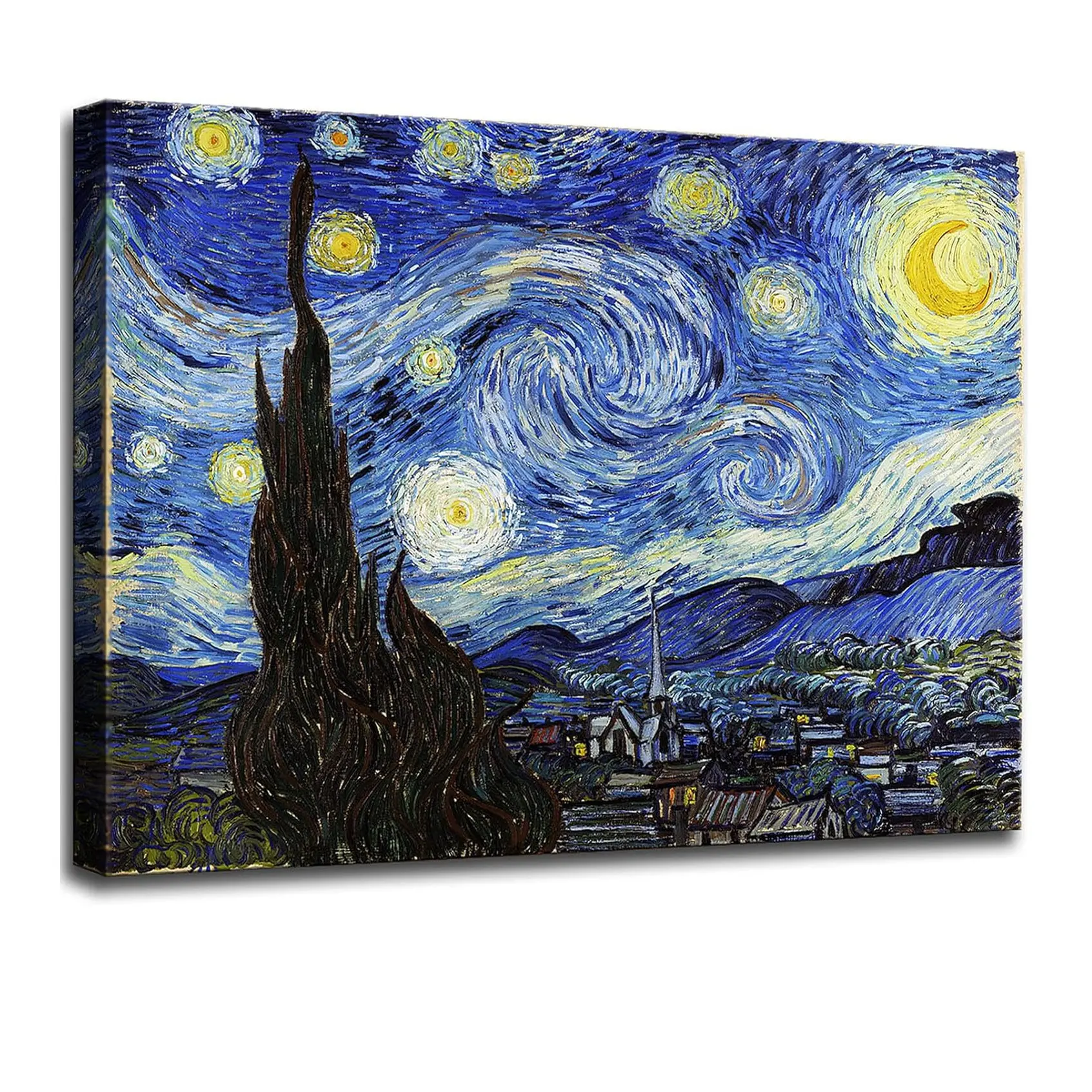 Vincent Van Gogh Starry Night Framed Canvas Wall Art Print - Photo-Wrapped, Pine Wood Frame, Cotton Glossy Hand-Stretched, UV-Protected Abstract Art for Home & Room Decor (Retro Aesthetic Ornament)