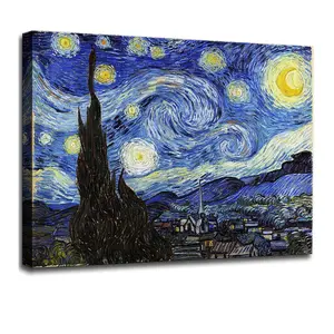 Starry Night Vincent Van Gogh Canvas Wall Art Classic Paintings Framed Pictures Poster Abstract Artwork Prints for Home Decor Cotton Glossy Hand Stretched UV Protected Decoration Ornaments retro aesthetic