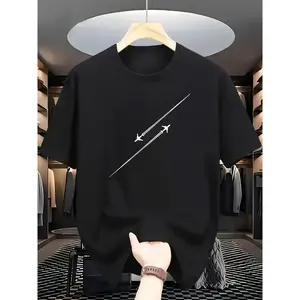 [Men's Graphic Tee] Lightweight Polyester Blend Men's Casual Graphic Tee | White Crew Neck T-Shirt with Black Geometric Print, Short Sleeves, for Summer Style