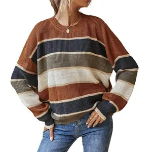 Women's Colorblock Striped Print Drop Shoulder Sweater - Casual Round Neck Jumper for Fall & Winter | Daily Wear Knitwear Fabric Soft