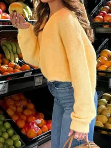 Women's Plain V-Neck Button Front Casual Long Sleeve Sweater, Soft Comfortable Skin-Friendly, Simple Autumn Winter Open Front Top