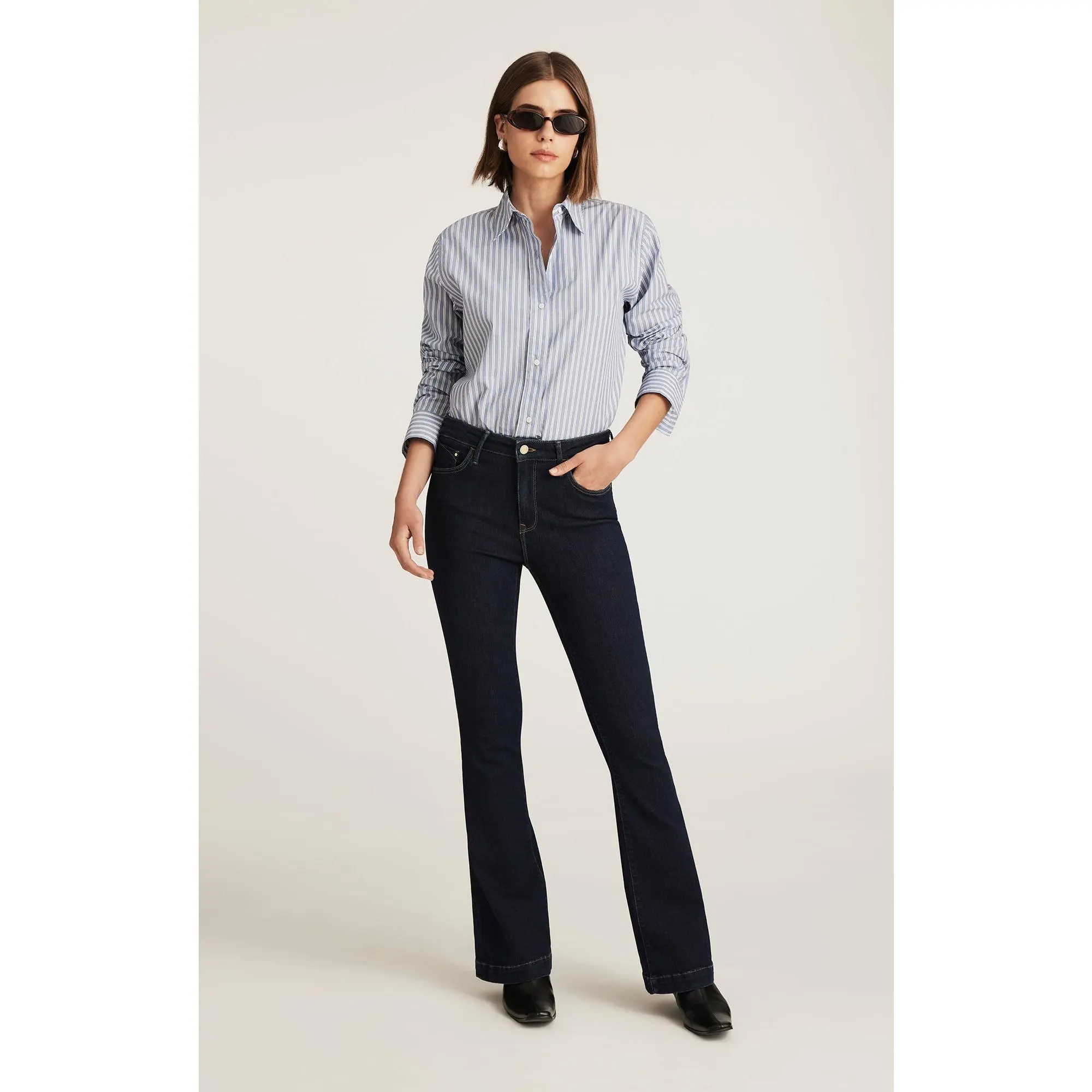 Women's Sydney Mid Rise Flare Jeans - Dark Indigo Wash Denim Bottoms, Ultra-Feminine Jean Pants with Comfortable, Leg-Lengthening Silhouette