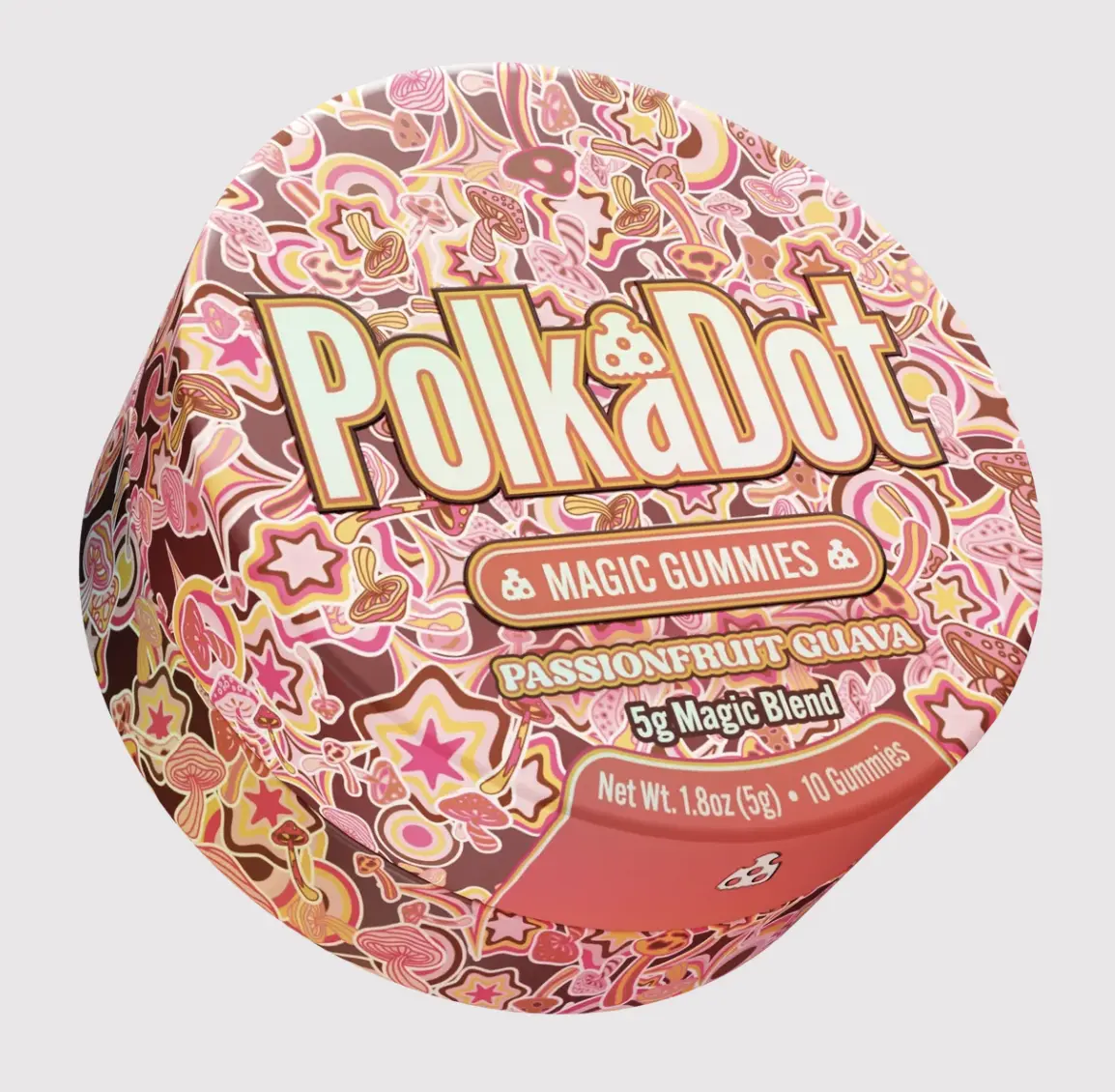 Polkadot Passion Fruit Guava Gummies, 10 Count, Premium Plant-Based Gummies, Soft Chewy Gummies, 100% Organic Ingredients, High-Quality Formula, Freshness-Sealed, Secure Reusable Metal Tin, Travel-Friendly Packaging, Proudly Made in USA