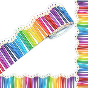 Pencil Bulletin Board Borders, 50  Colored Pencil Scalloped Rolled Border Trim with Pencil Patterns for School, Classroom & Offices, Window, Doors, Lockers Decor