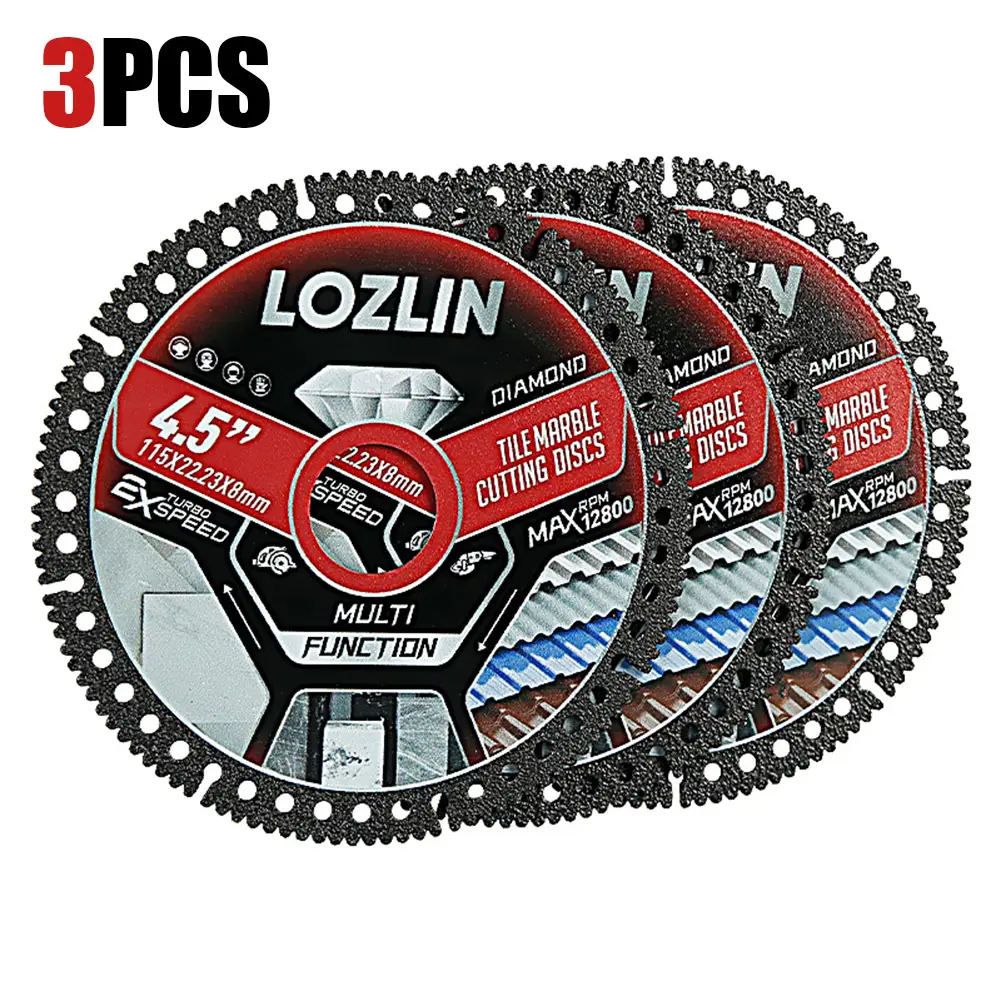 LOZLIN 3PCS 4.5" (115mm) Diamond Tile Cutting Blades - Ultra-Thin Dry Cutting for Marble, Tile & Ceramic - No Chipping Angle Grinder Saw Blades