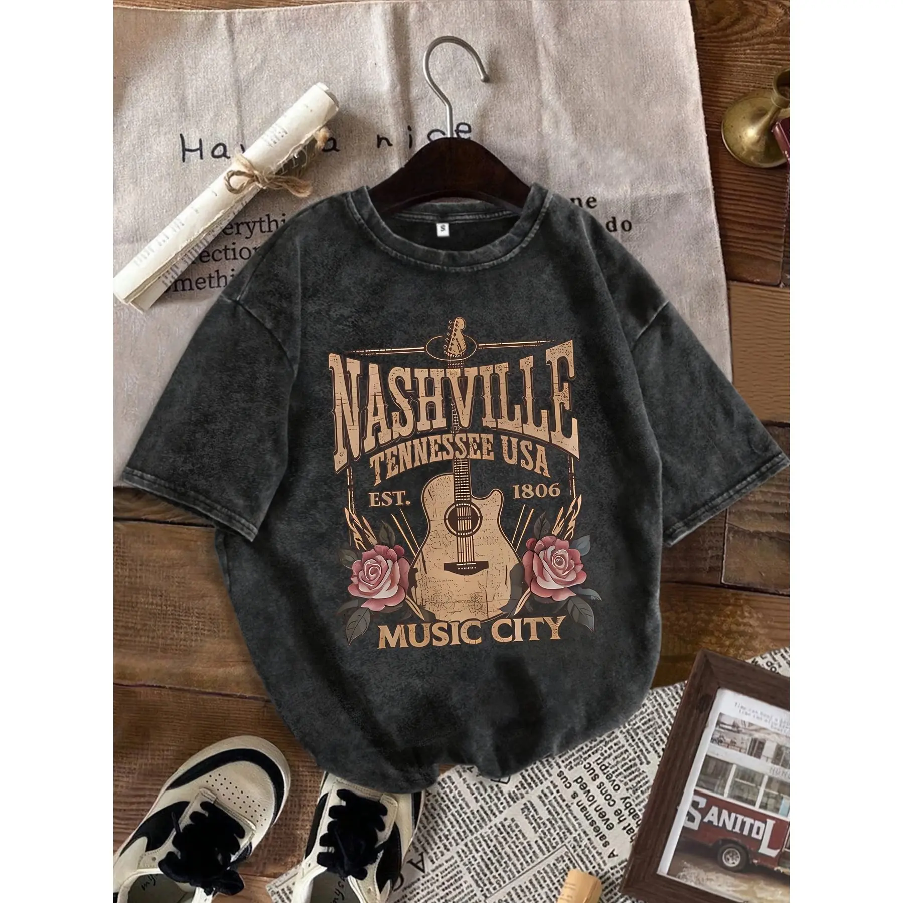 Vintage Washed Music City Graphic T-Shirt - Floral Guitar Print, Soft Breathable Cotton, Regular Fit Round Neck Casual Summer Tee, Machine Washable, Casual Attire | Retro Style Shirt | Relaxed Fit Top, Ladies T Shirts