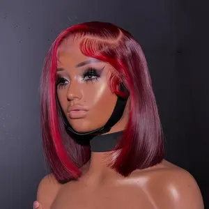 Highlight Red 99J Bob Wig Human Hair 180 Density 13x4 Lace Front Wigs for Women Red Highlight Burgundy Transparent Lace Frontal Straight Short Bob Wig Human Hair Wigs Pre Plucked