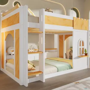 Twin Over Twin Bunk Bed Frame with Storage Shelves & Window, House Bunk Beds Frame with Safety Guardrail & 2 Door, Wood Loft Bunk Bed for Bedroom Dorm, No Box Spring Needed, White+Natural