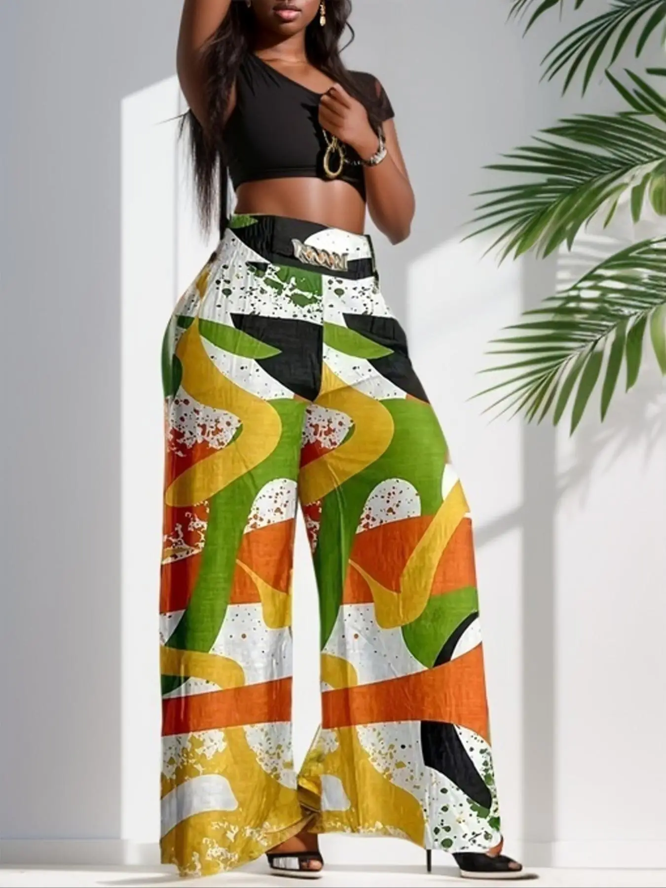 Women's All Over Print Chain Decor Wide Leg Pants, Boho Casual Colorblock Straight Leg Trousers for Daily Party, Pants for Women, Ladies Bottoms for S