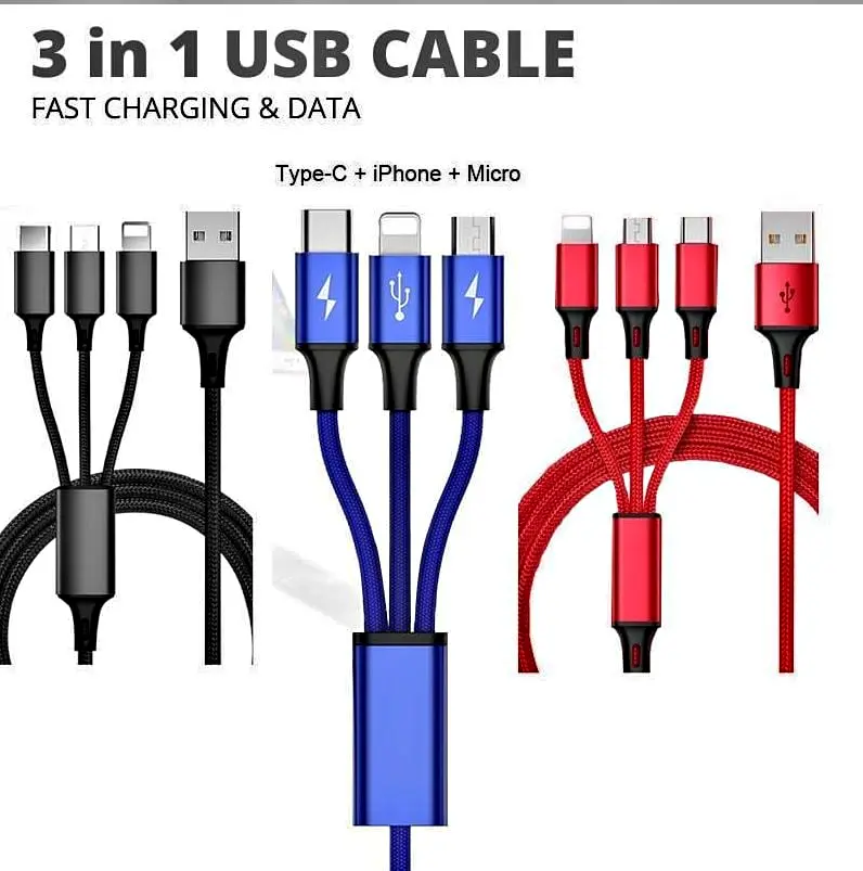 [2Packs] 3in1 Fast USB Charging Cable Universal Charger