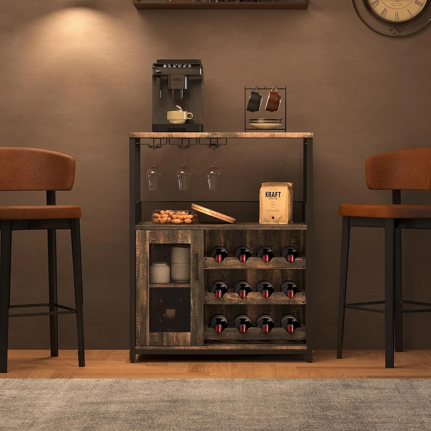 Dark Grey Compact Industrial Chic MDF Buffet Storage Cabinet - Compact Bar Cabinet with Detachable Wine Rack, Glass Holder for Coffee Bar, Mesh Door Small Sideboard for Kitchen, Living Room, Compact Bar Cabinets