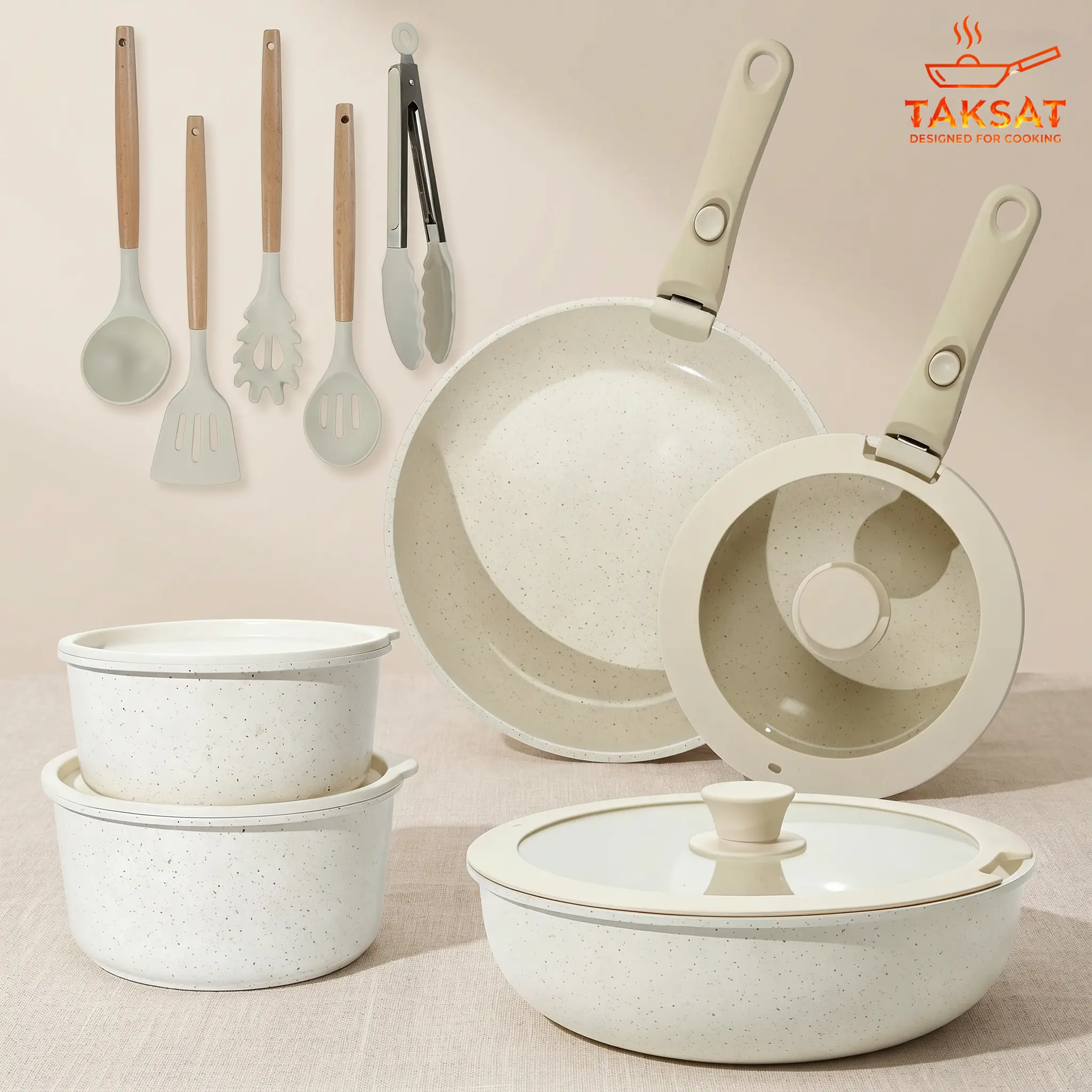 19pcs Non-Stick Kitchen Cookware Set with Detachable Handle - Oven Safe, Versatile Usage Cooking Pans & Woks, Camping Dishes, Kitchen Supplies, Meal Prep Essentials