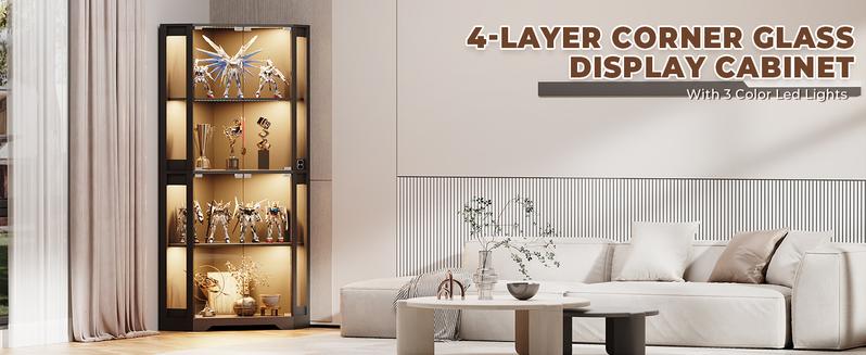 MIIFUNY Corner Display Cabinet with Glass Doors, 65" Lighted Curio Cabinet with 3 Color Lights for Collectibles, Toys, 4-Tier Showcase Display Case with Human Body Sensor for Living Room, Black