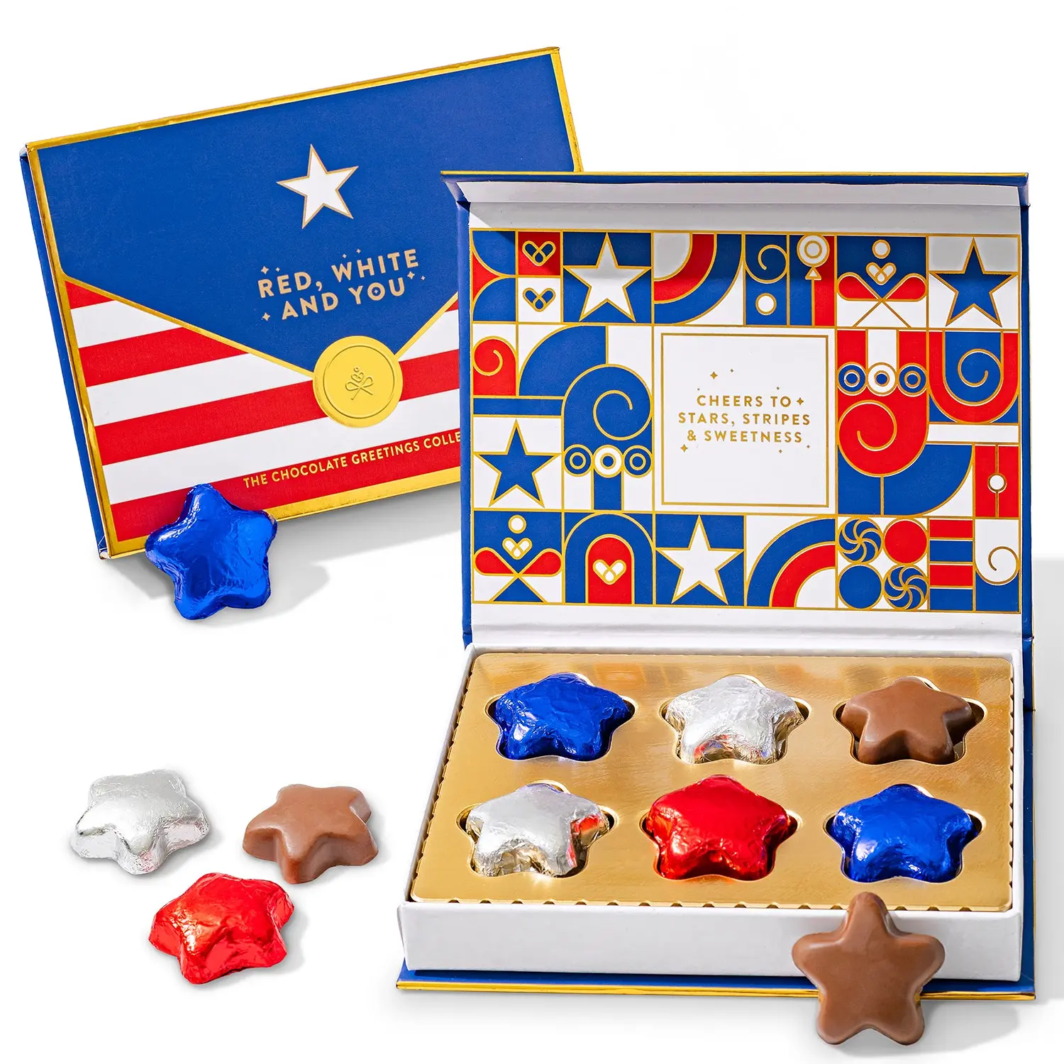 Patriotic Star-Shaped Chocolate Flavored Milk Chocolate Snack Gift Box - 6 Pieces, Edible Greeting Card, Ideal for 4th of July, Memorial Day Barbecues, Friends & Family
