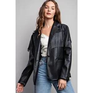 Fringe Faux Leather Collar Jacket
