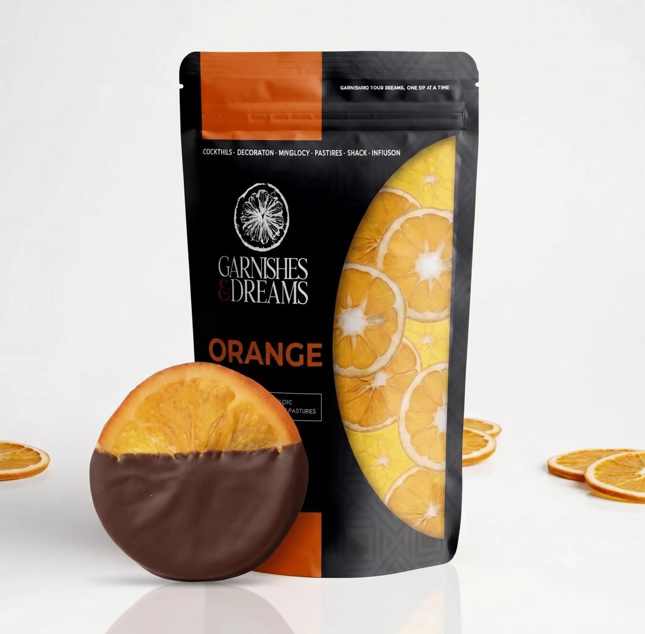 Garnishes & Dreams 80% Dark Chocolate Dipped Dehydrated Orange Slices – Gourmet Half-Dipped Citrus Wheels, Premium Artisan Fruit Snack, Elegant Dessert Garnish & Charcuterie Board Decor