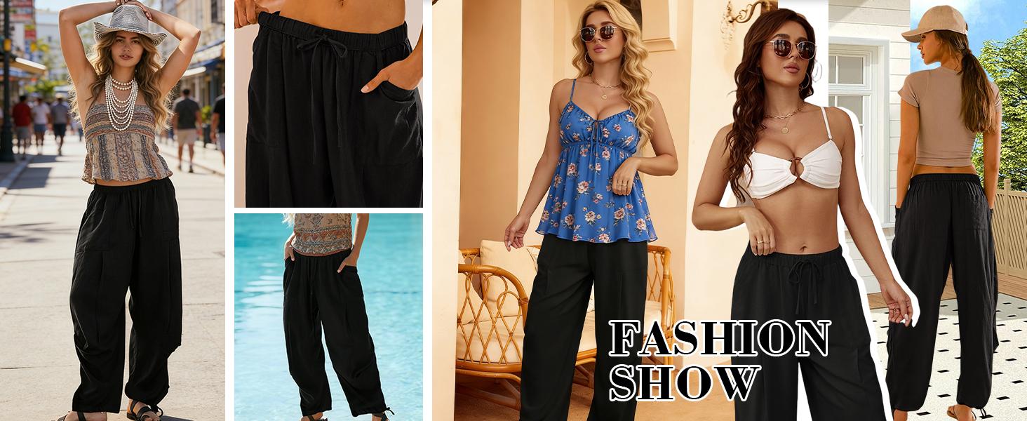 Women's Linen Balloon Barrel Beach Sport Pants Boho Harem Flowy Drawstring Casual Loose Pants with Pockets gym fits baggy Summer Wide Leg Basic Lightweight Bottom Love