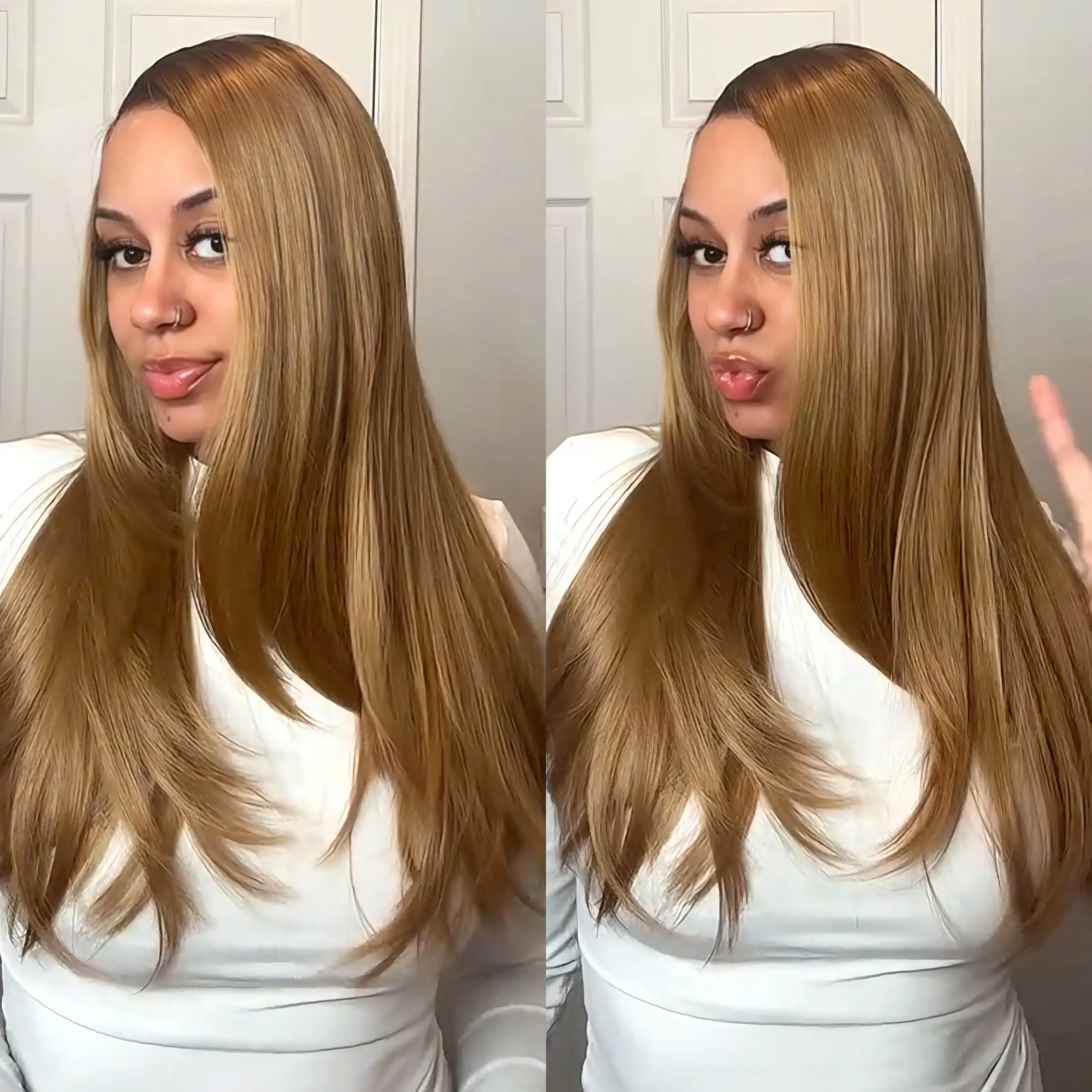 Honey Blonde 9x7 Glueless C-Part Layered Wig Wear and Go Lace Front Straight Wig Pre Plucked Pre Cut Tiny Knots High-quality synthetic hair