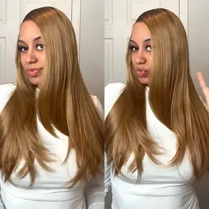 Honey Blonde 9x7 Glueless C-Part Layered Wig Wear and Go Lace Front Straight Wig Pre Plucked Pre Cut Tiny Knots High-quality synthetic hair