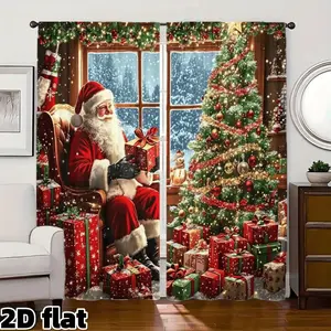 2D Christmas Holiday Window Curtain Panels, Festive Scene with Decorated Tree Gift Snow Scene Print, Semi Sheer Rod Pocket Design for Living Room Bedroom Kitchen Home Decor, Winter Holiday Window Accessory , Privacy Protection, Window Decorations Supplies