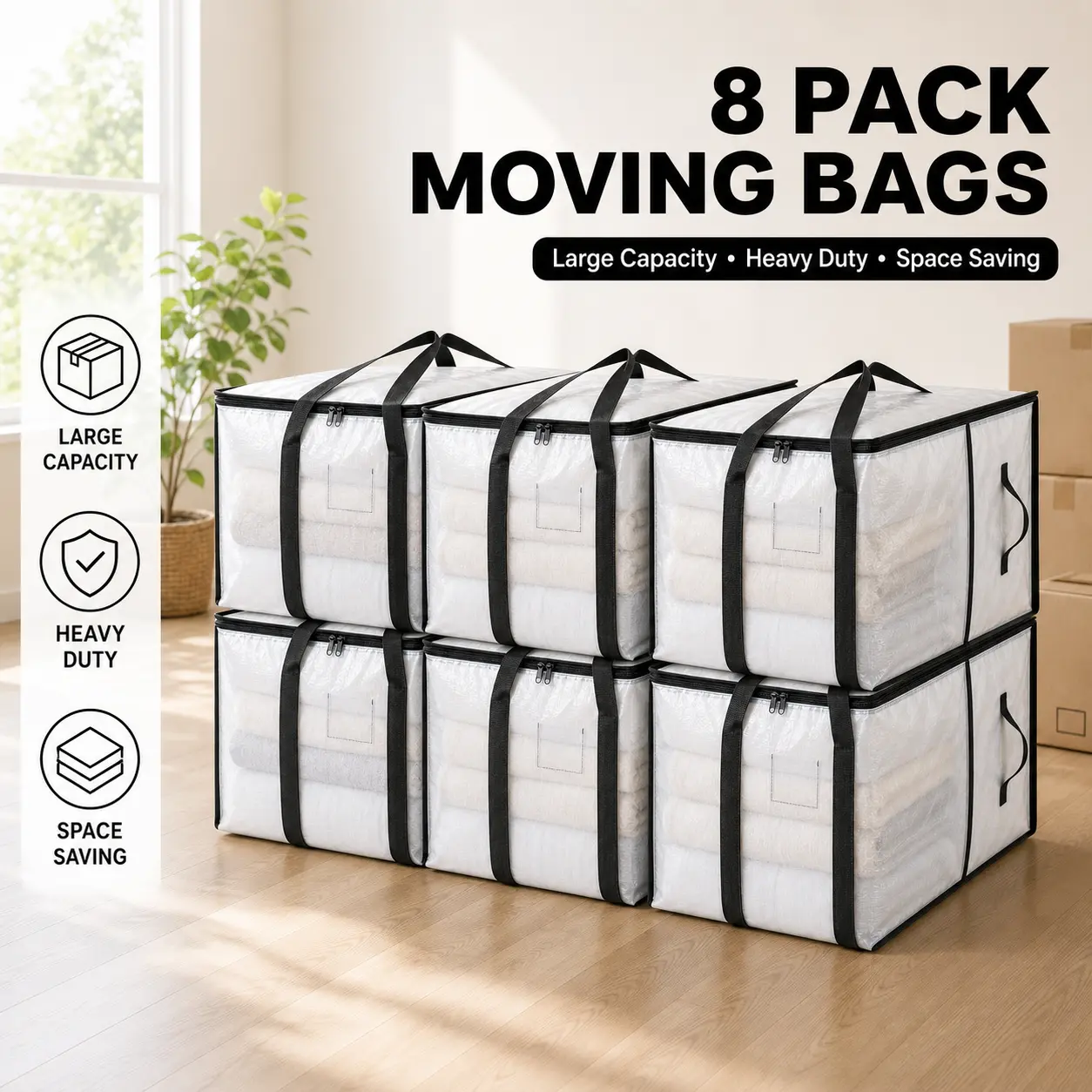 Oversized Modern Polyethylene Storage Organiser Bags - Moving Box Alternative with Zippered Closure, Wraparound Carry Handles, Label Pocket, Waterproof Foldable Bags for Clothes, Bedding, Apartment Moves, Water Proof, Home