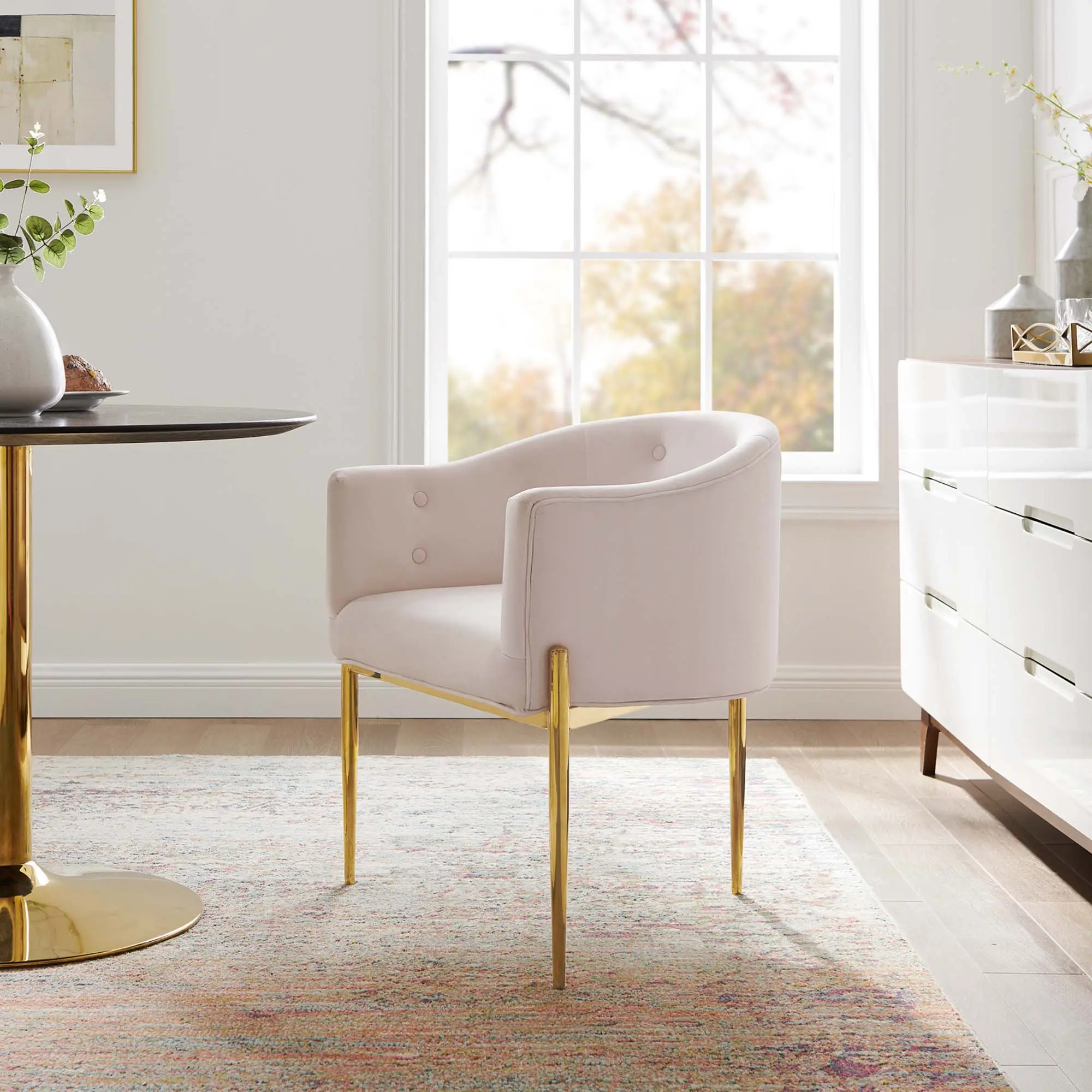 Modway Savour Tufted Performance Velvet Indoor Armchair - Pink, Interior Button Tufting, Sweeping Silhouette, Curved Shape, Stainless Steel, 300 lbs Weight Capacity, Ideal for Reading, Dining Use