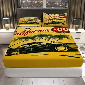 3Pcs Retro Road Trip California Fitted Sheet Three Piece Set (1*Fitted Sheet+2*Pillowcases, Coreless), Vintage Travel theme, Route 66 Scenic Bedding Set, Mattress Protector Soft, Breathable