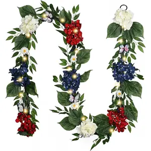 9FT Patriotic Hydrangeas with Lights for Mantle, Red White Blue Summer Floral with Eucalyptus Leaves for 4th of Independence Day Decor