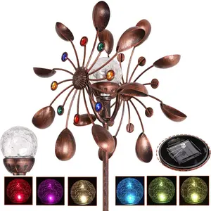 Solar Wind Spinner Multi-Color LED Lighting by Solar Powered Glass Ball with Kinetic Wind Aculptures Dual Direction Decorative Lawn Ornament Wind Mill