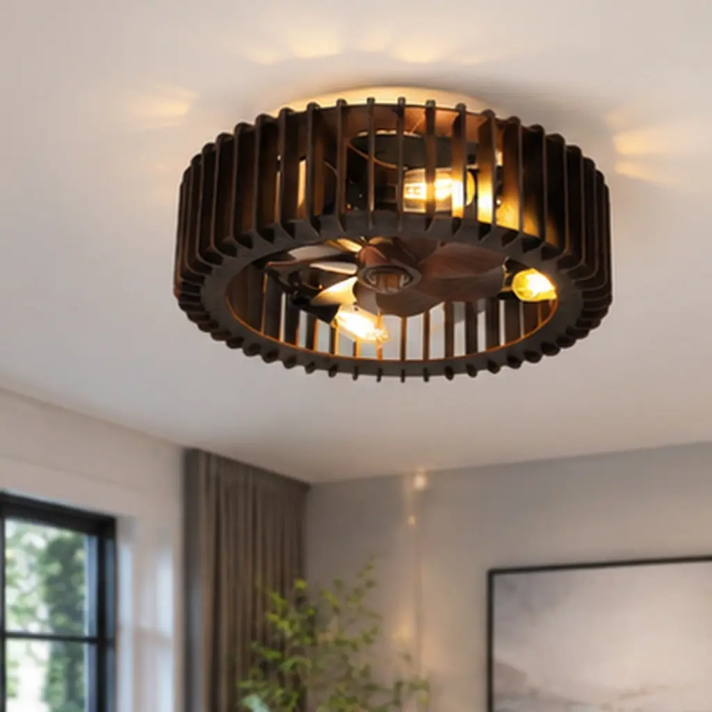 19" Semi Flush Mount Ceiling Light with Fan, Handcrafted Wooden Shade, 4-Light Wood Chandelier, 3 ABS Blades, Remote Control, DC Motor, 6 Speeds, for Bedroom Living Room Kitchen Hallway, Black+Brown Metal & Wood, Black+Brown Color Options