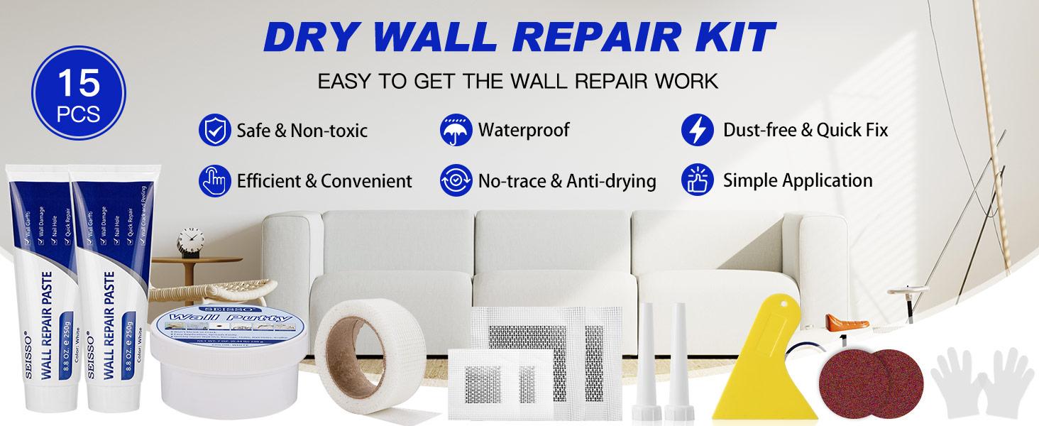 SEISSO Drywall Repair Kit, White- Wall Mending Agent 250 g* 2, Wall Repair Paste Plaster, 1 Pack Wall Putty, Repair Tape and Wall Repair Patch with 2inch 4inch, Quick Fill Crack and Nail Hole