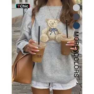 Women’s Bear Jacquard Knit Sweater, Casual Loose-Fit Crewneck Pullover, Soft and Comfortable Autumn/Winter Fashion Top, Knitwear