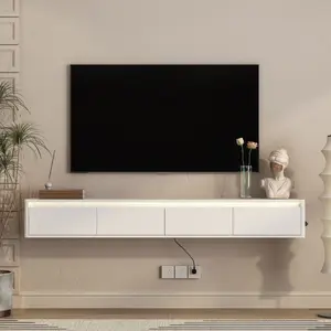 72" Large Floating TV Stand with Touch Control LED Lights & Power Outlet, Wall Mounted Shelf for Living Room, High Gloss White w/ USB & Storage
