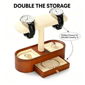 Oirlv 2-In-1 Wooden Jewelry Case with Hidden Drawer T-Bar Bracelet Display Watch Stand Velvet Ring Slots Storage Organizer Box