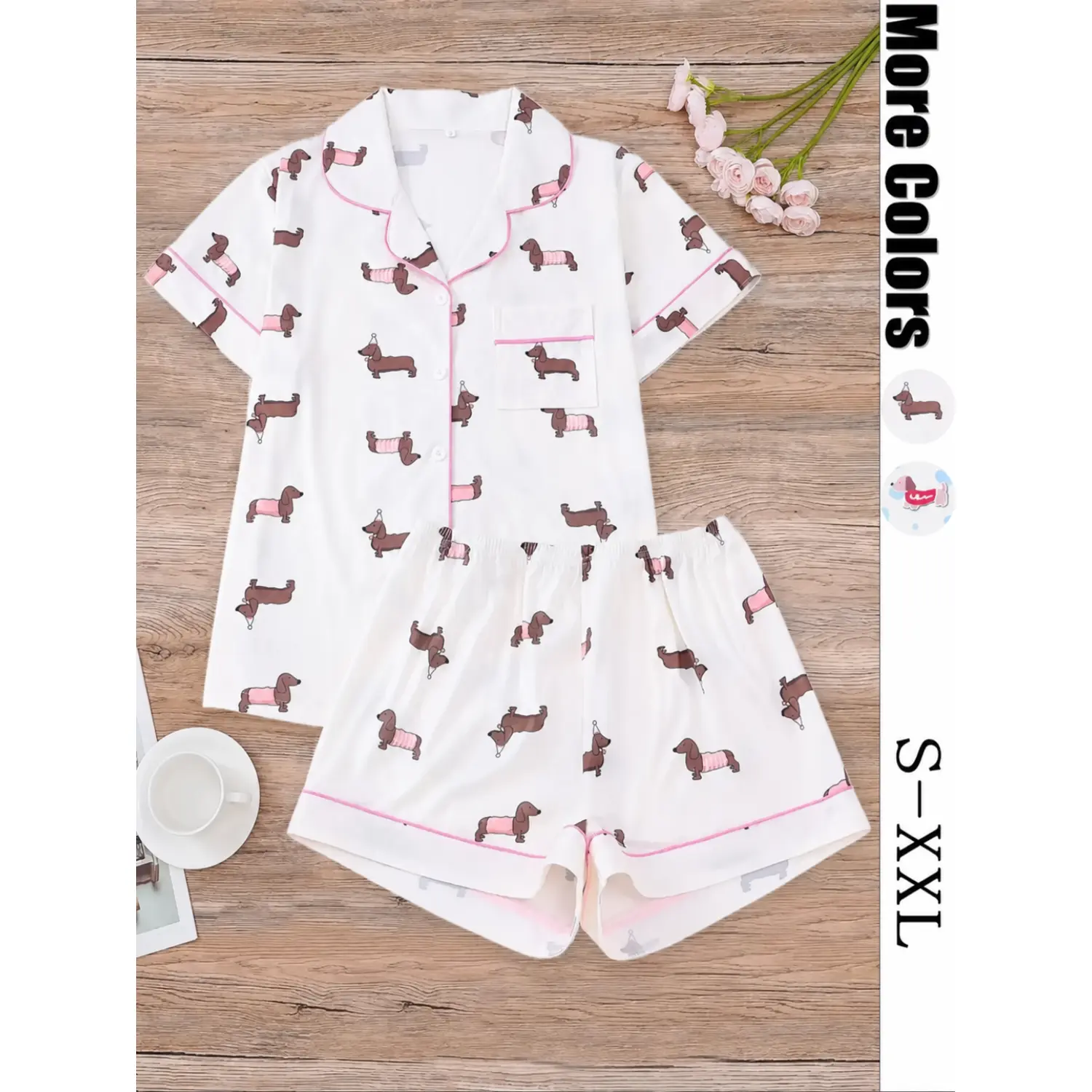 Women's Dachshund Print Shirt & Elastic Waist Shorts Pajama Set - Casual Comfy Short Sleeve Collared Top & Shorts Loungewear for All Seasons