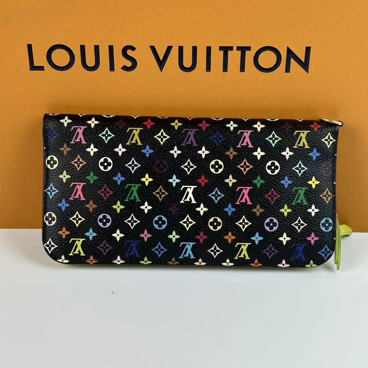Pre-owned Louis Vuitton Takashi Murakami 33 Multicolor Canvas Insolite Long Wallet Purse Fashionable Vintage Style Leather Card Wallet, Black Exterior, Green Interior, Fashionable Wallet