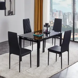 47.24 Inch Modern Rectangular Tempered Glass Dining Table, Sturdy Black Metal Frame Kitchen & Living Room Table, Easy Assembly, Scratch Resistant Surface
