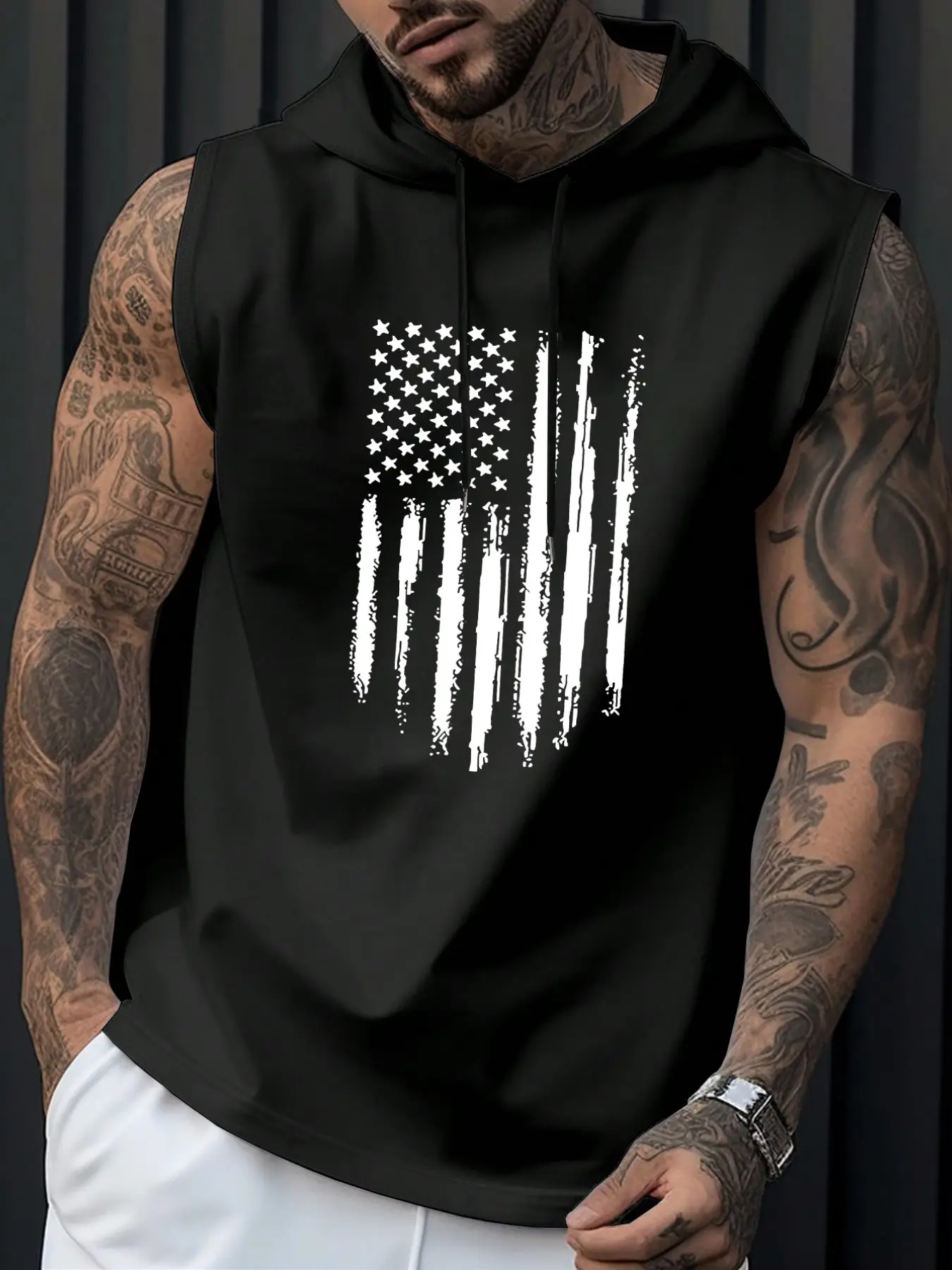 Men's Casual Tropical Hooded Sleeveless Cut Fitted T-Shirt with Flag Print, Casual Fashionable, Fashion Versatile Sports Style, Perfect for Summer Fitness Outdoor Wear, Casual Street Fashion