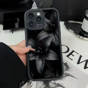 Full-screen black lily pattern TPU case suitable for iPhone 15 Pro Max, stylish and durable full-coverage protection with four corners, compatible with iPhone 11/13 Pro/XR/XS Max, anti-drop design