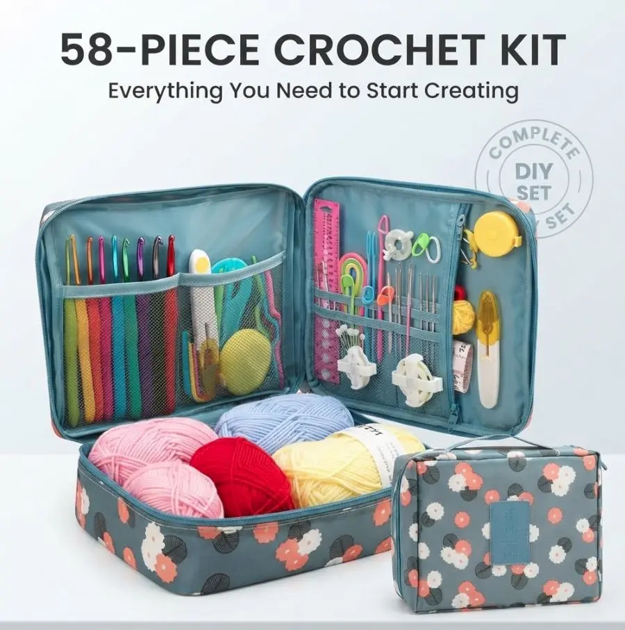 58-Piece DIY Crochet Kit for Beginners - Ergonomic Soft-Grip Hooks, Yarn, Craft Accessories with Portable Blue Flower Storage Case, Diy Kits